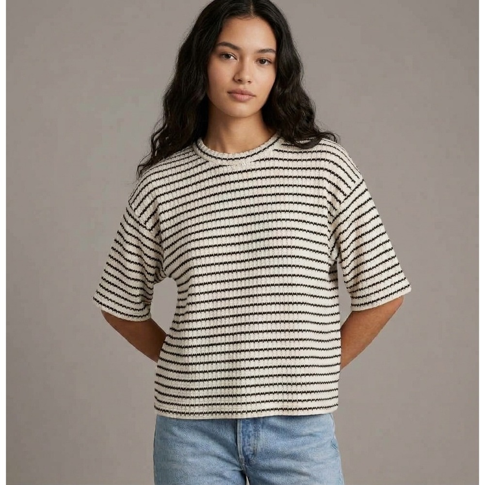 Madewell Boxy Crop Tee Shirt Womens Size Medium Allday Jersey Knit Black Stripe